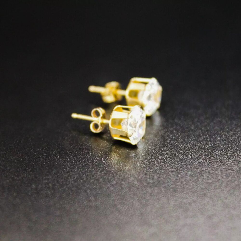 Vintage 10k Yellow SOLID Gold 6.5 mm Cubic Zirconia Stud Earrings Signed HAB